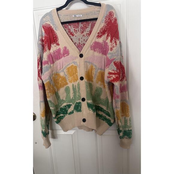 Zara Cardigan Sweater Womens XL Multicolor Abstract Graphic Knit Button Front - Picture 3 of 7